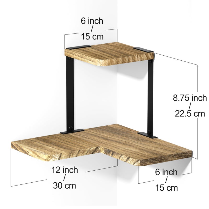 SRIWATANA Rustic Corner Shelf, 2-Tier Wood Wall Shelf, Wall Mounted Storage Shelves for Bedroom, Living Room, Bathroom, Carbonized Black - Image 3